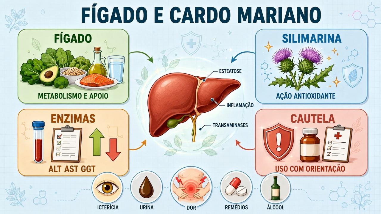 Infográfico resume fígado, silimarina, enzimas hepáticas e sinais de cautela.