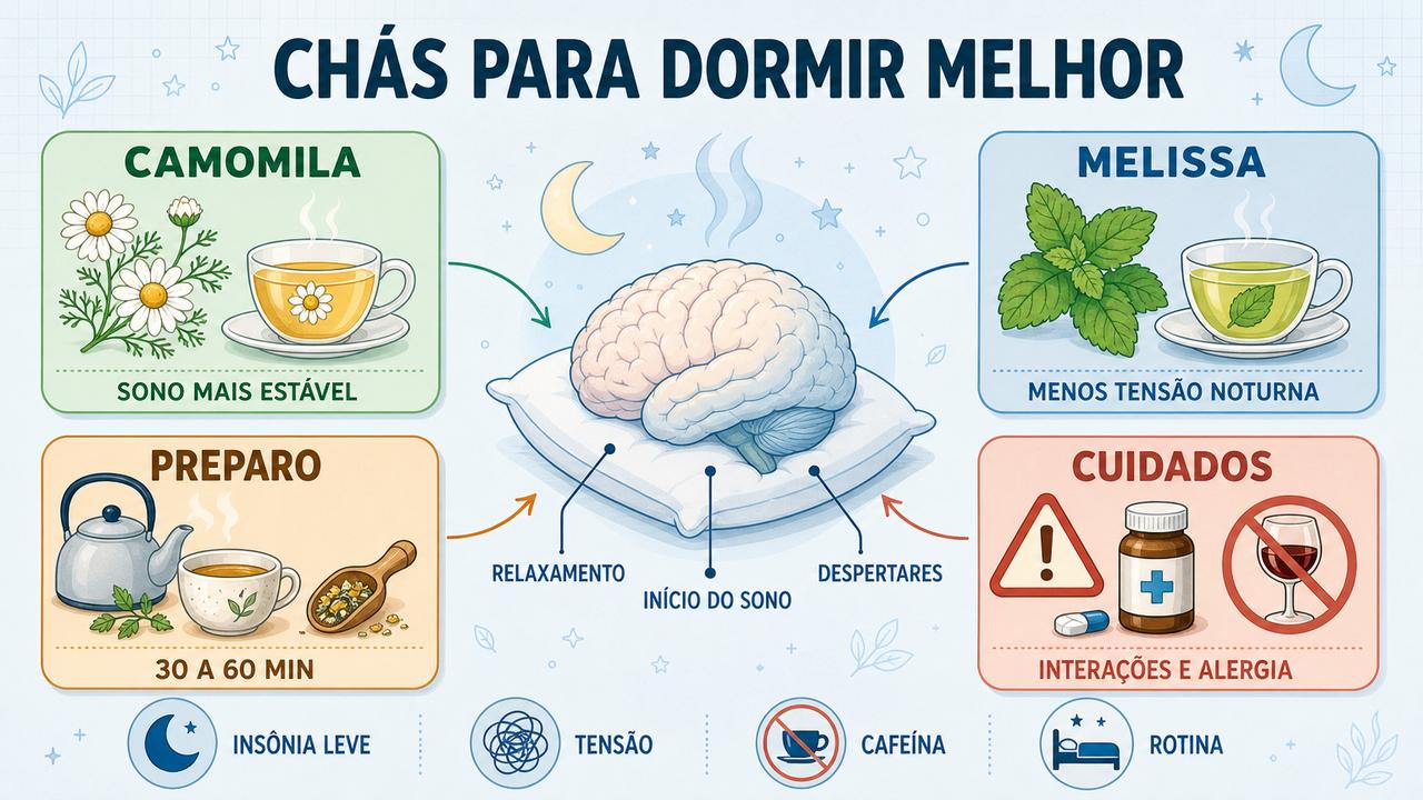 Camomila, melissa, preparo e cuidados orientam a escolha do chá noturno.