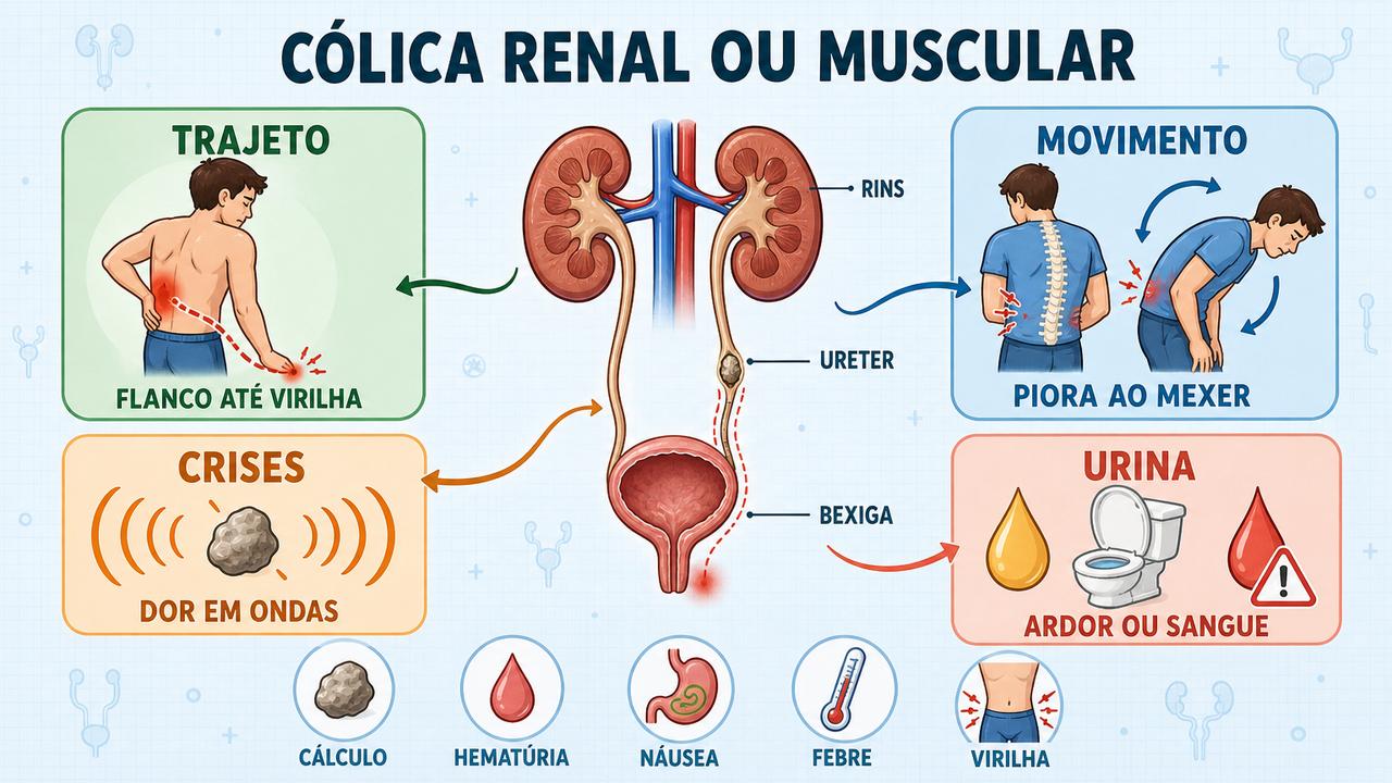 Infográfico resume trajeto, movimento, crises e sinais urinários na dor renal.