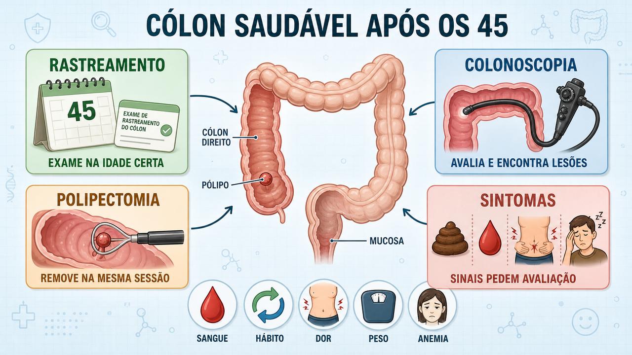 Infográfico resume rastreamento, colonoscopia, polipectomia e sinais de alerta intestinais.