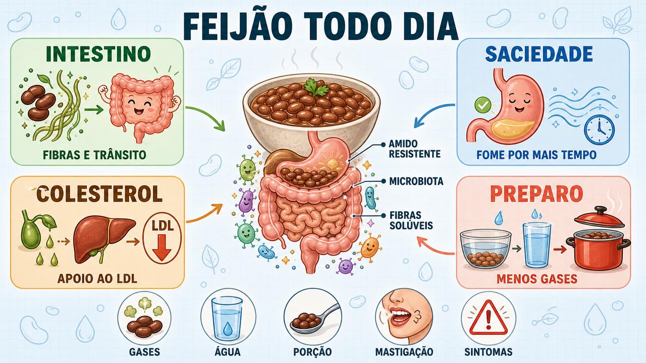 Infográfico mostra fibras, saciedade, colesterol e preparo do feijão diário.