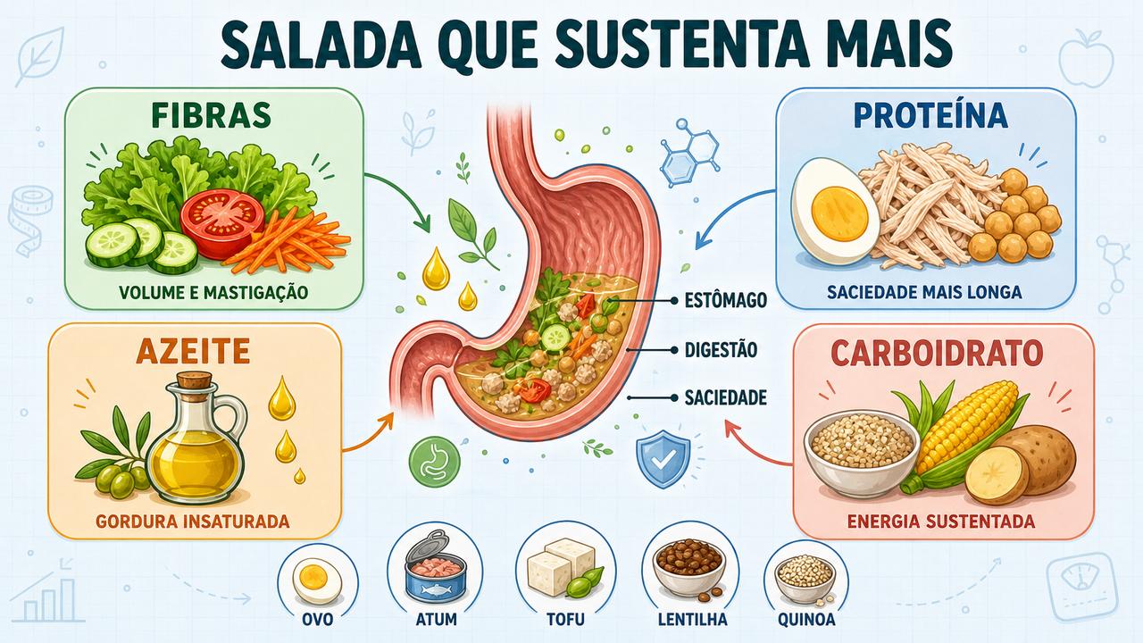 Os quatro pilares da salada saciante: fibras, proteína, azeite e carboidrato.