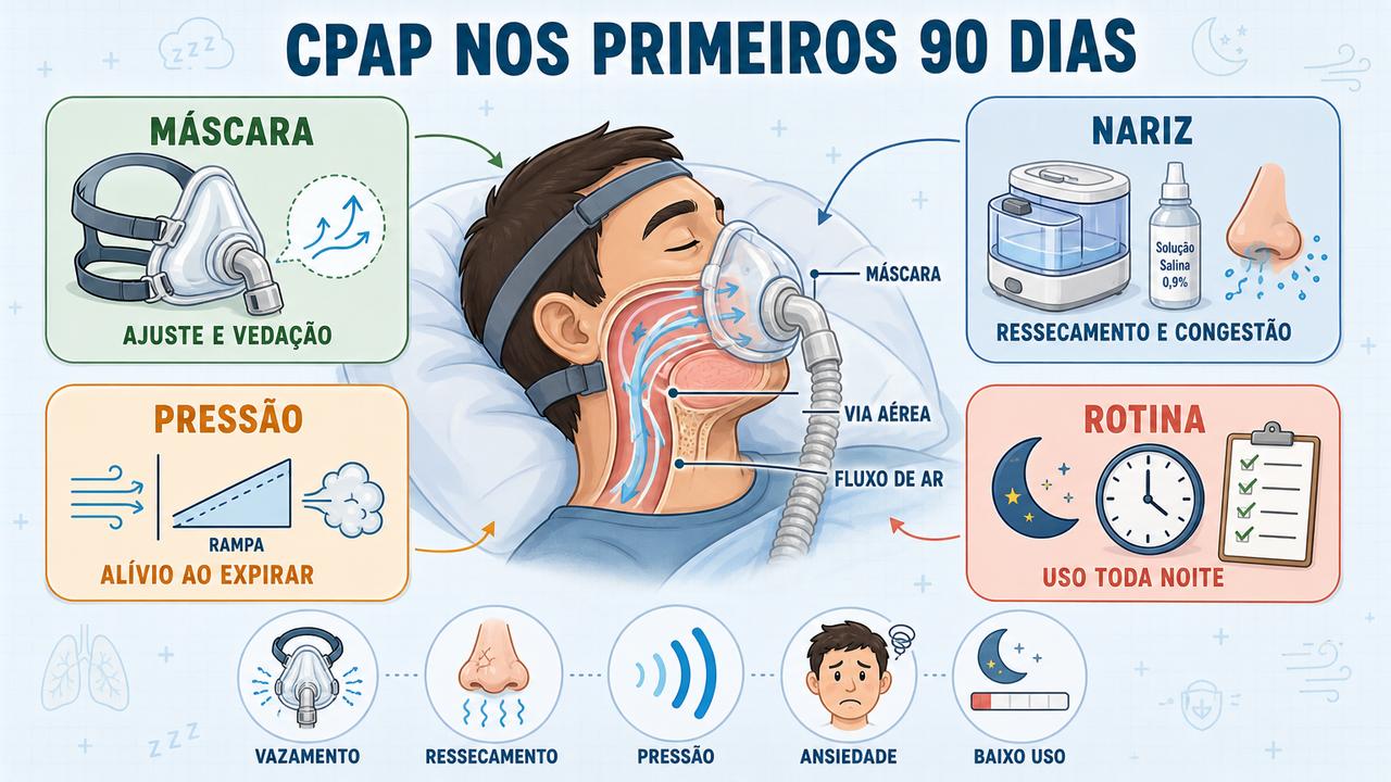 Infográfico resume quatro pilares para evitar abandono do CPAP nos primeiros 90 dias.