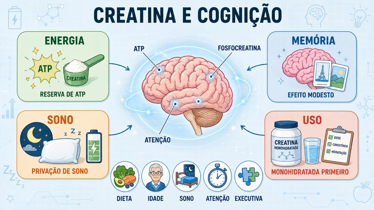 Energia, memória, sono e uso seguro resumem os principais pontos sobre creatina.