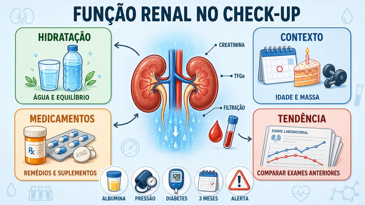 Hidratação, contexto, medicamentos e tendência orientam a leitura da função renal.