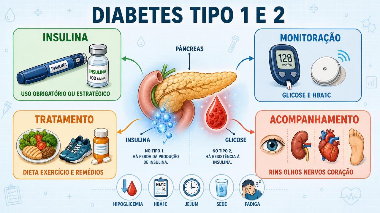 Infográfico resume insulina, monitoração, tratamento e acompanhamento nos dois tipos de diabetes.