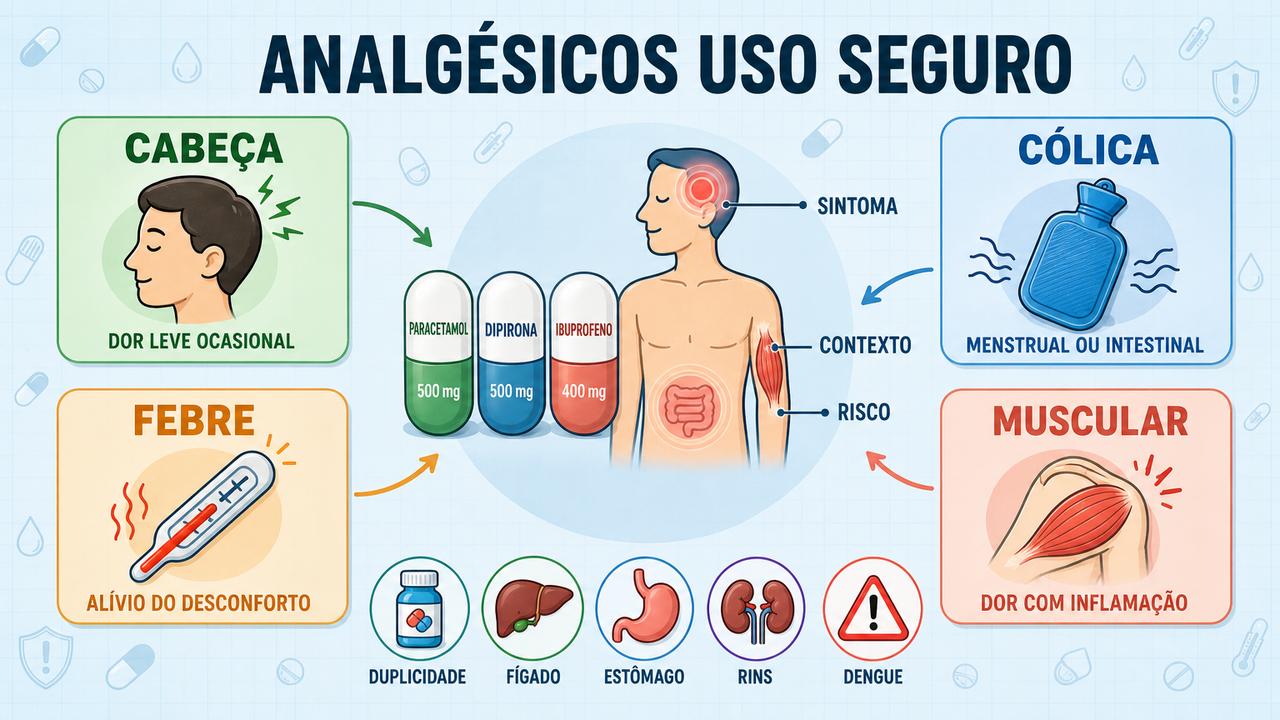 Dor, febre, cólica e inflamação exigem avaliar sintomas, riscos e contraindicações.