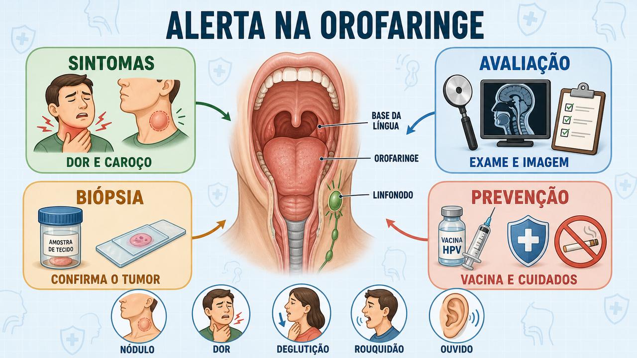 Sintomas, avaliação, biópsia e prevenção orientam o cuidado no câncer de orofaringe.