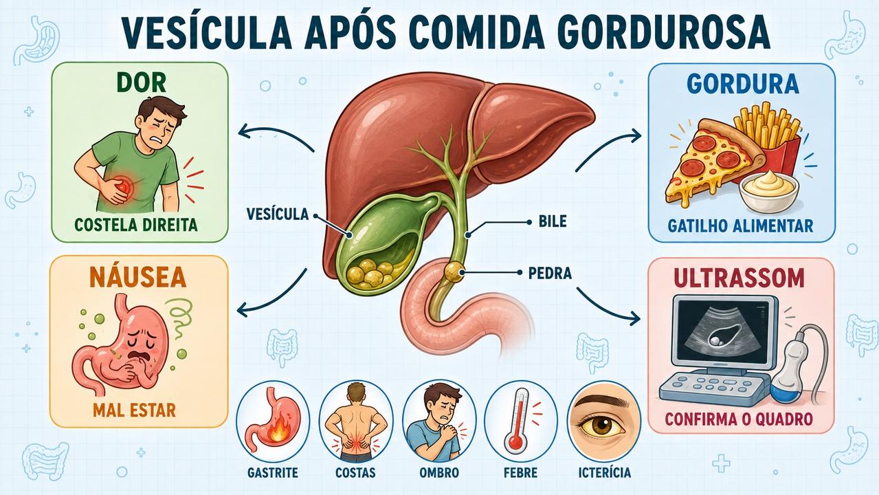 Infográfico resume sintomas, gatilhos, diagnóstico e sinais de alerta da vesícula.