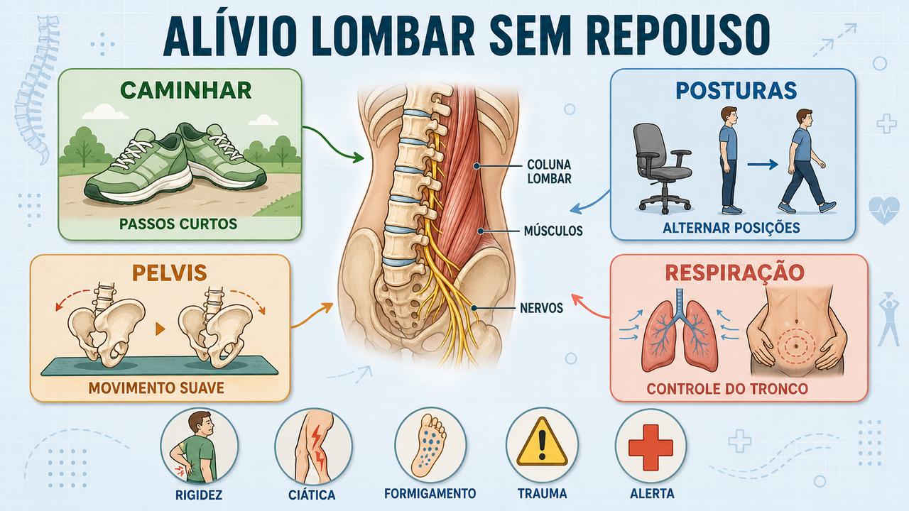 Caminhar, alternar posições, mover a pelve e respirar ajudam na lombalgia.