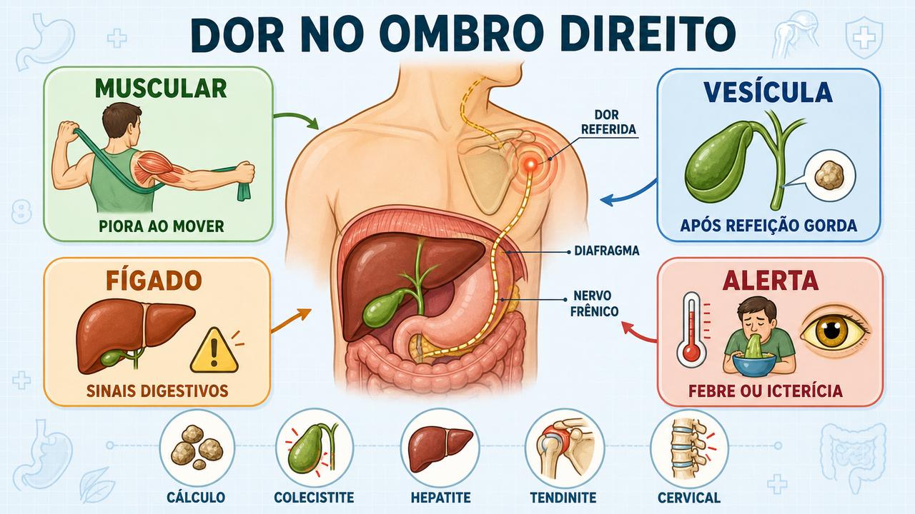 Infográfico resume dor muscular, dor referida, sinais biliares e alertas clínicos.