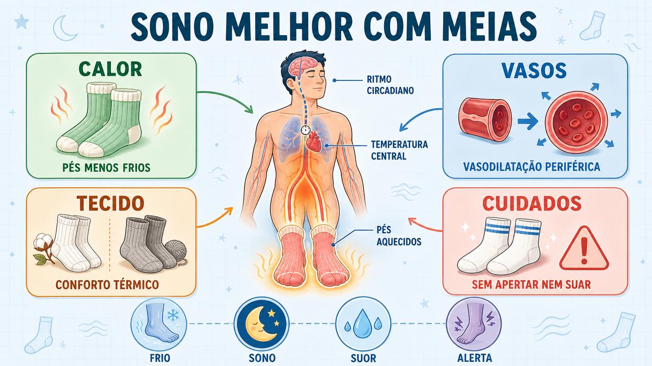 Calor, vasodilatação, tecido e cuidados explicam como meias podem favorecer o sono.