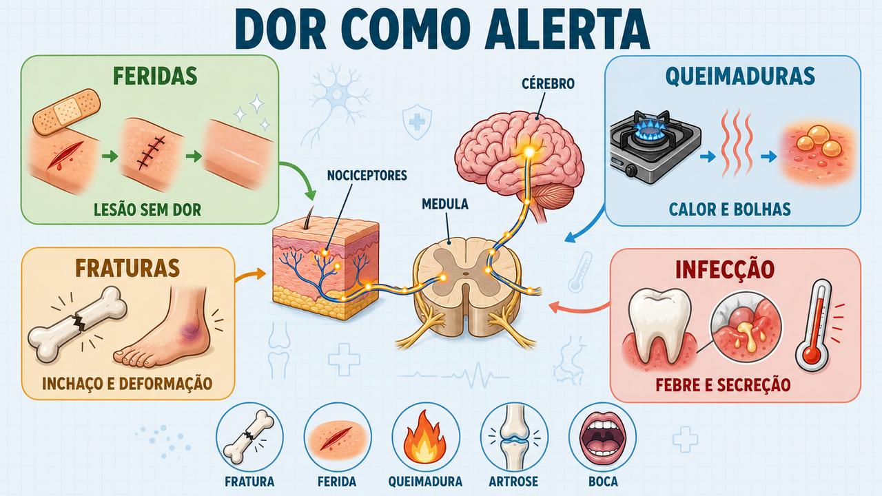 Feridas, queimaduras, fraturas e infecção exigem atenção mesmo com pouca dor.