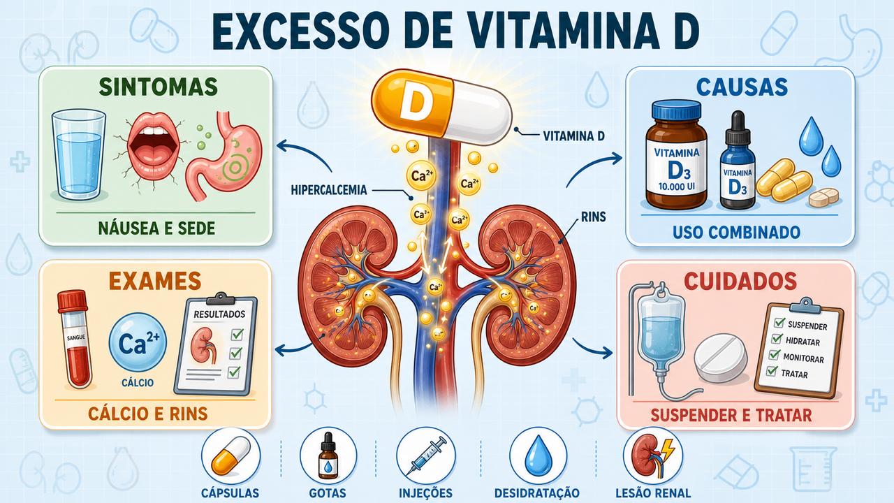Infográfico resume sintomas, causas, exames e cuidados na intoxicação por vitamina D.