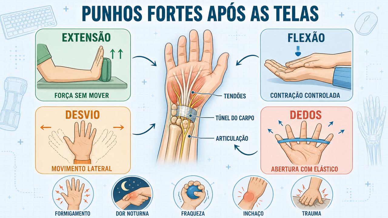 Quatro exercícios fortalecem o punho e ajudam a reduzir sobrecarga das telas.