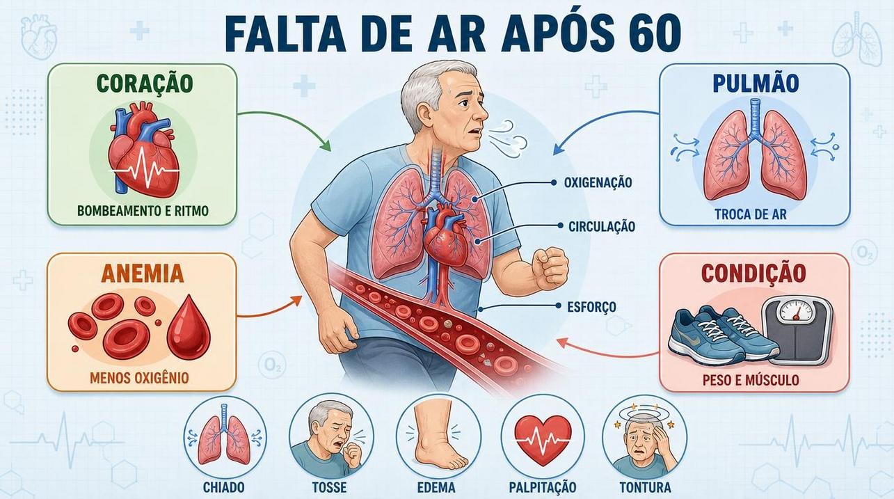 Coração, pulmão, anemia e condicionamento orientam a avaliação da dispneia no idoso.