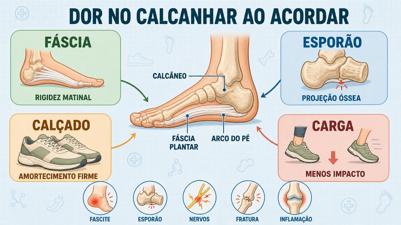 Infográfico resume fascite, esporão, calçado e controle de carga no calcanhar.