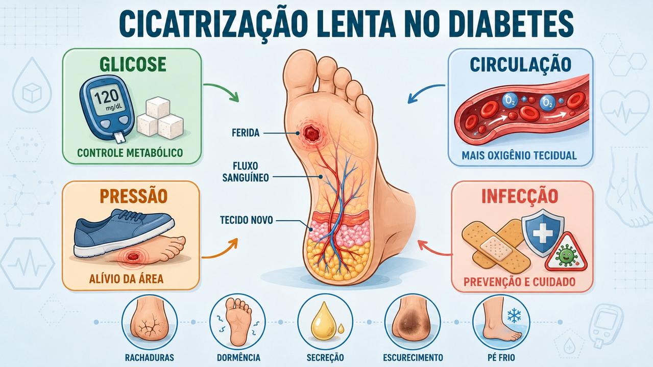 Glicose, circulação, pressão e infecção influenciam diretamente a cicatrização lenta.