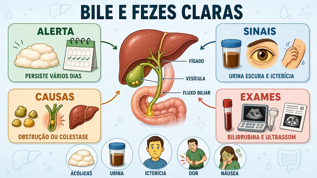 Infográfico resume sinais, causas, exames e fluxo biliar ligados às fezes claras.