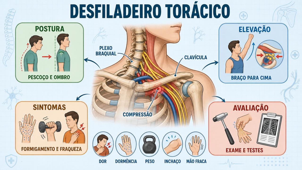 Postura, elevação do braço, sintomas e avaliação orientam o reconhecimento clínico.