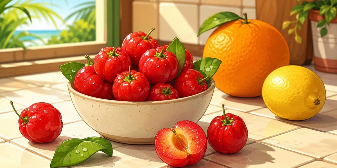 A acerola se destaca pelo alto teor de vitamina C por porção.