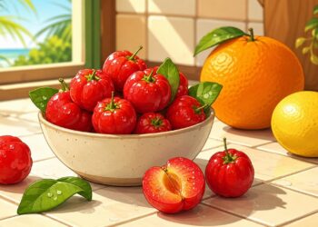 A acerola se destaca pelo alto teor de vitamina C por porção.