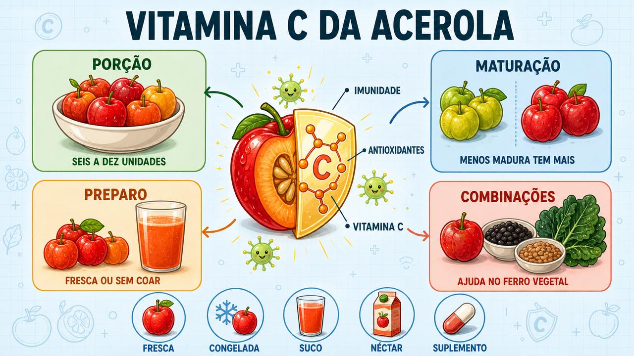 Porção, maturação, preparo e combinações influenciam o aproveitamento nutricional da acerola.