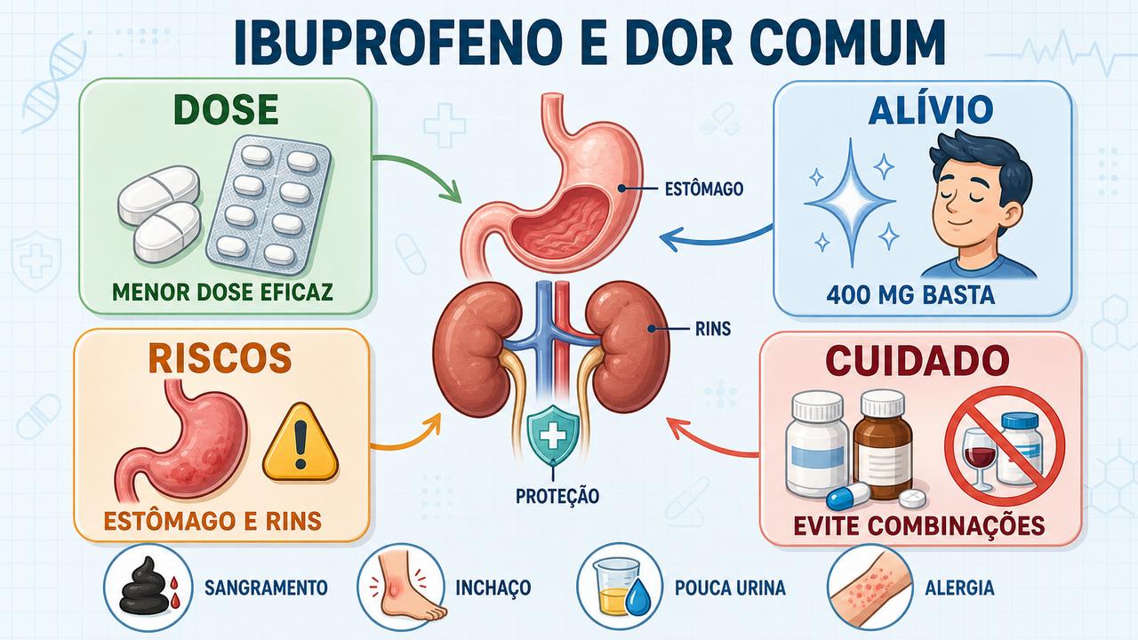 Dose, alívio, riscos e cuidado resumem o uso mais seguro do ibuprofeno.