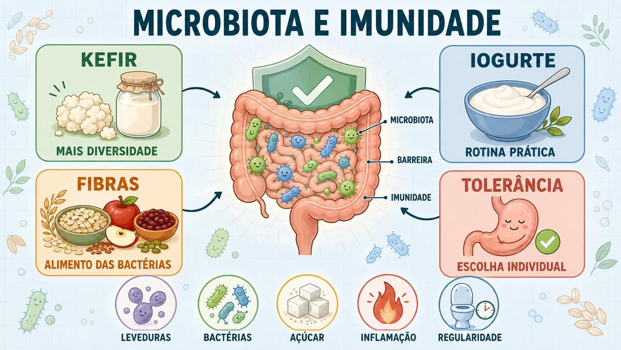 Quatro pilares para comparar kefir, iogurte, fibras e tolerância intestinal.