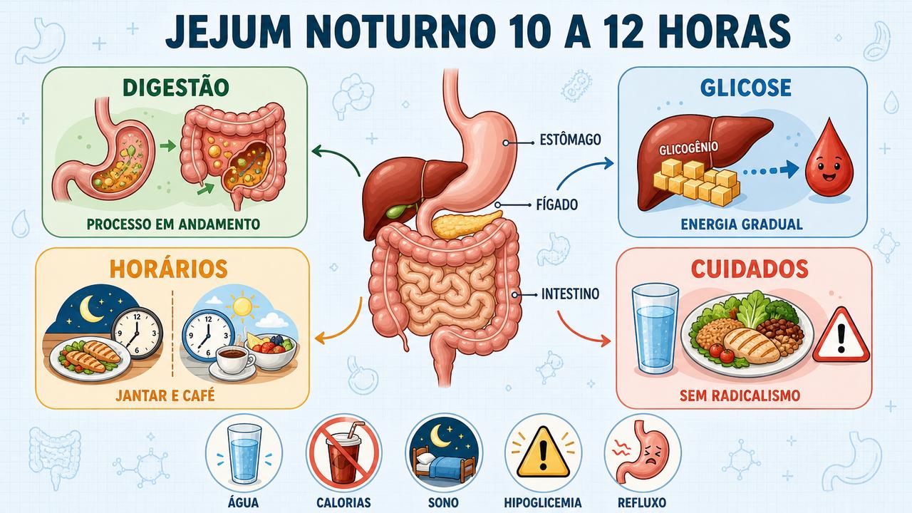 Digestão, glicose, horários e cuidados resumem os pilares do jejum noturno.