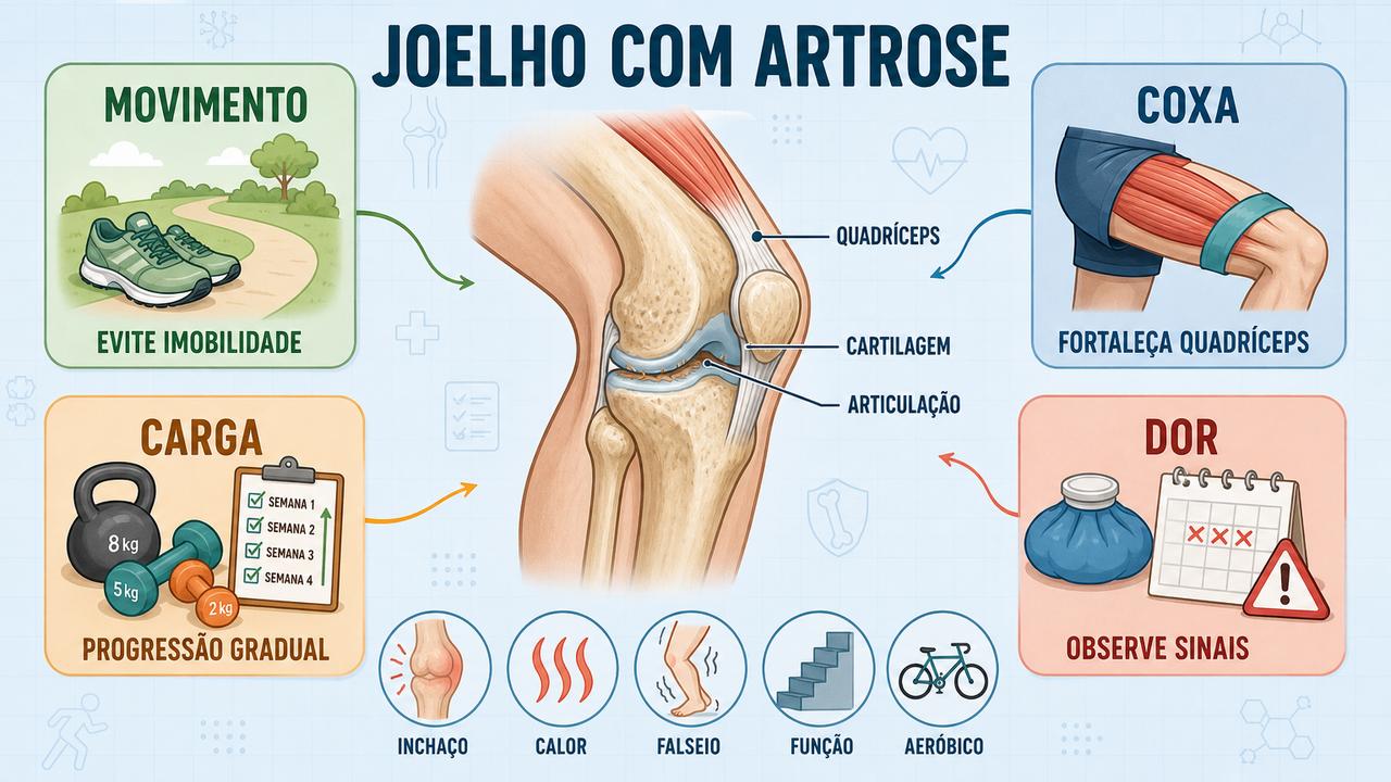 Movimento, quadríceps, carga gradual e sinais guiam o cuidado do joelho.