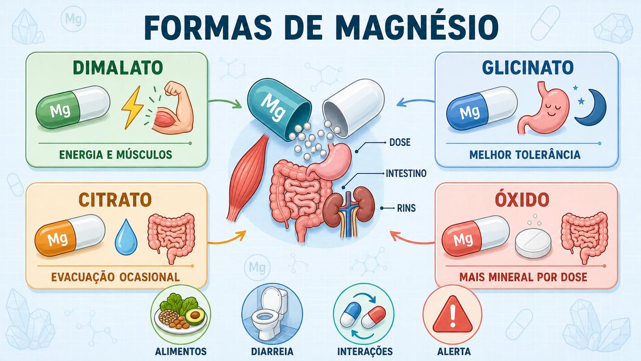 Dimalato, glicinato, citrato e óxido exigem escolhas diferentes conforme o objetivo.