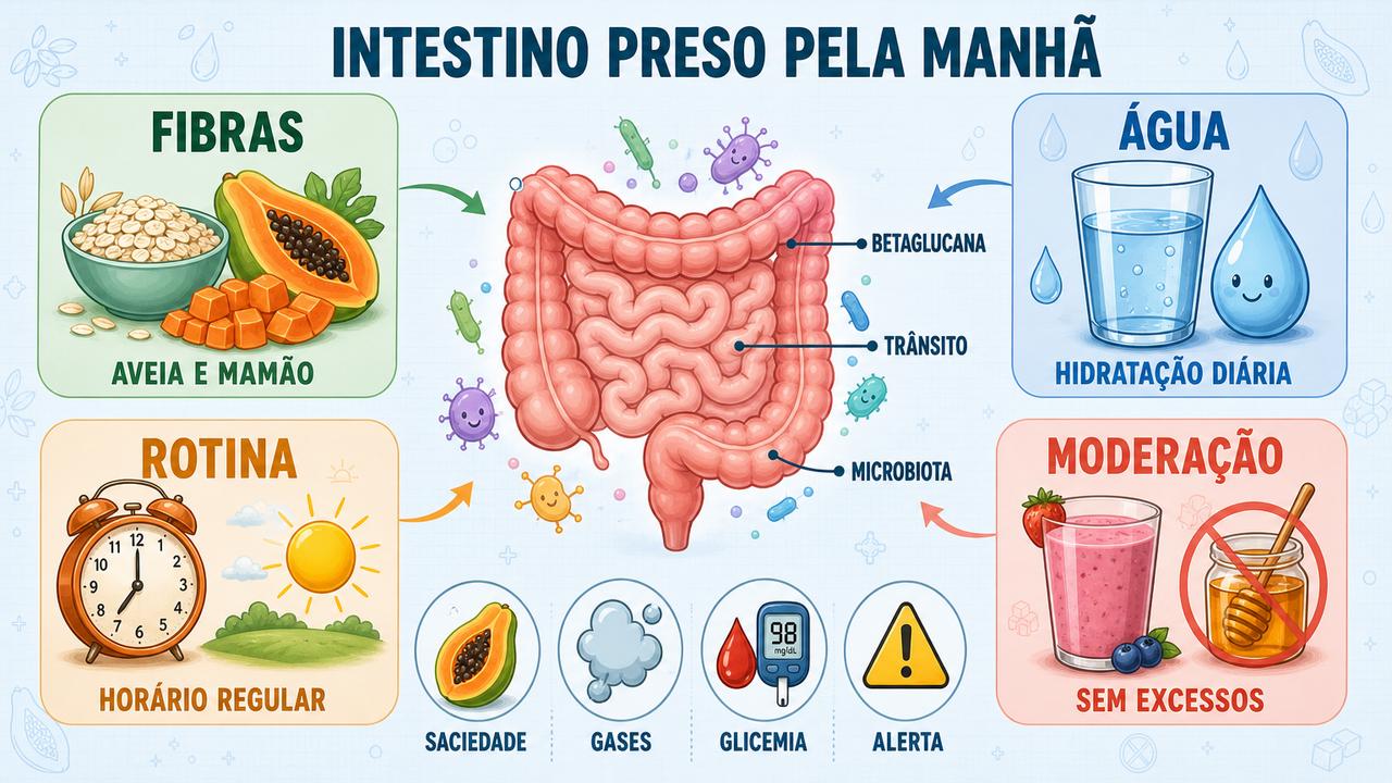 Fibras, água, rotina e moderação ajudam o intestino preso pela manhã.