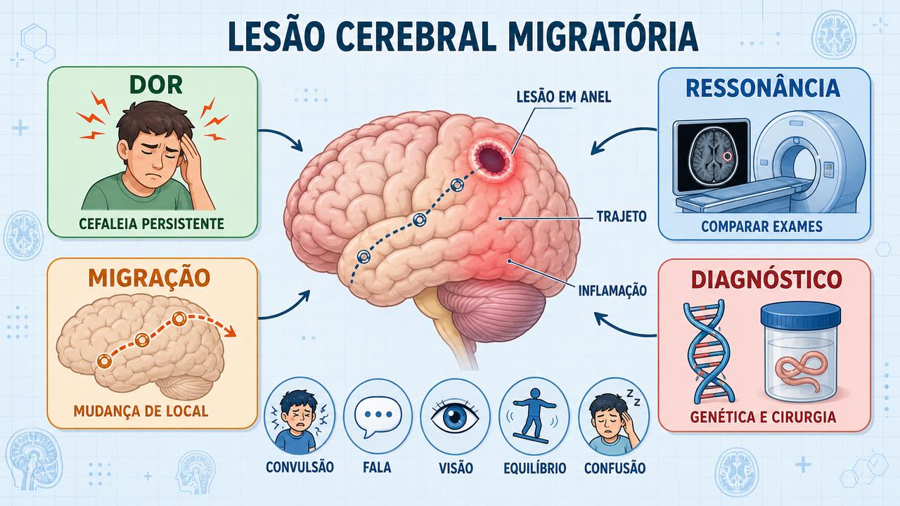 Cefaleia, migração da lesão, ressonância e genética orientam a investigação.