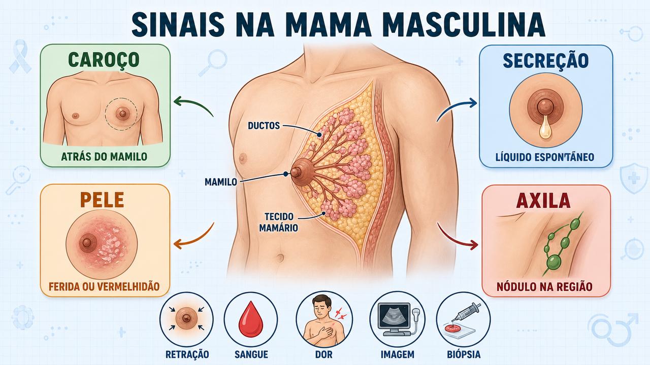 Infográfico mostra sinais de alerta e investigação do câncer de mama masculino.