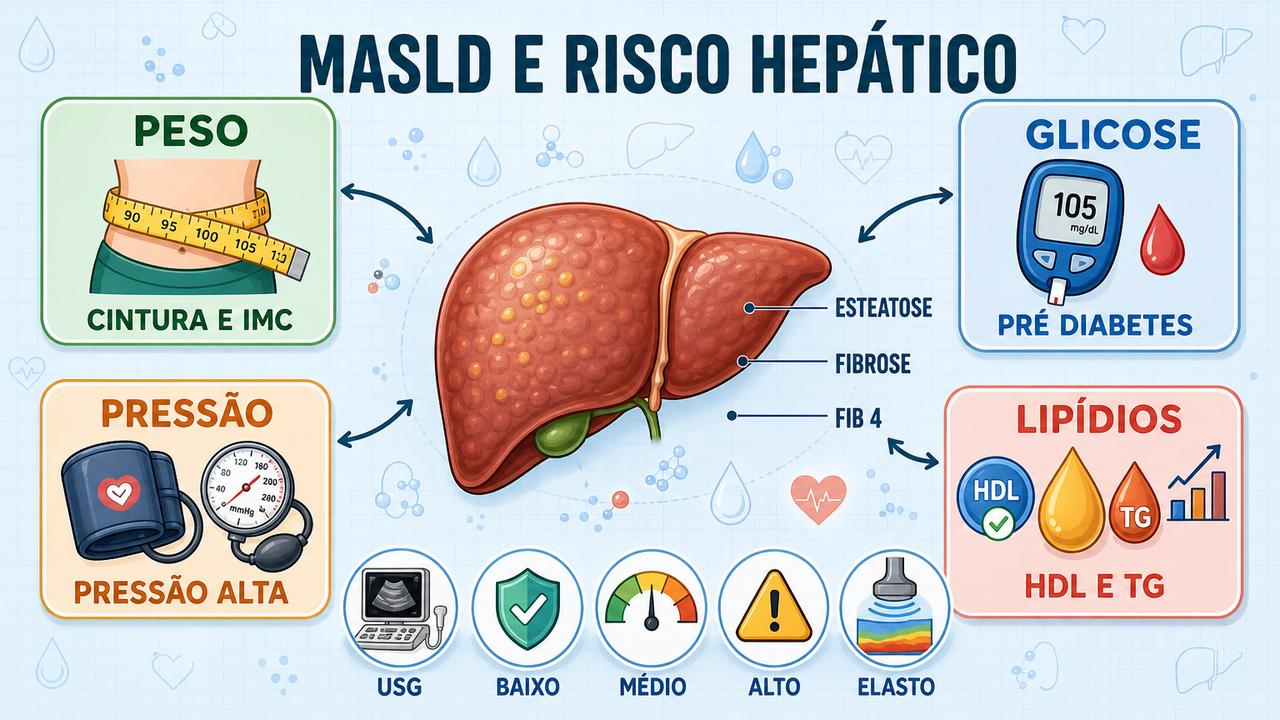 Infográfico resume esteatose, fatores cardiometabólicos e etapas da avaliação hepática.