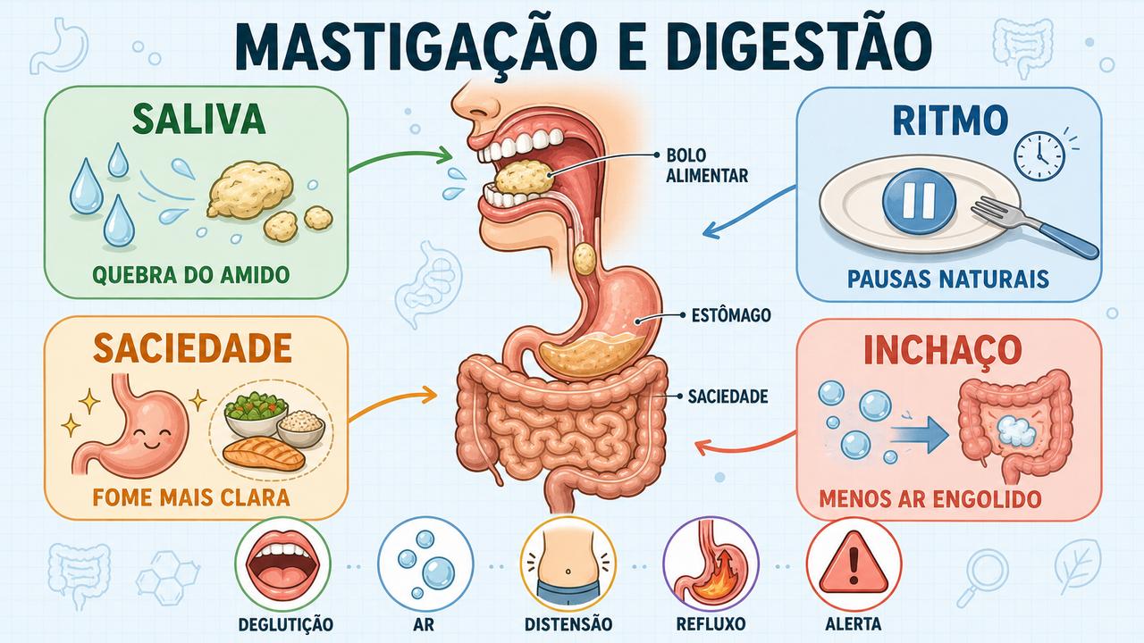 Saliva, ritmo, saciedade e menos ar explicam os efeitos da mastigação.