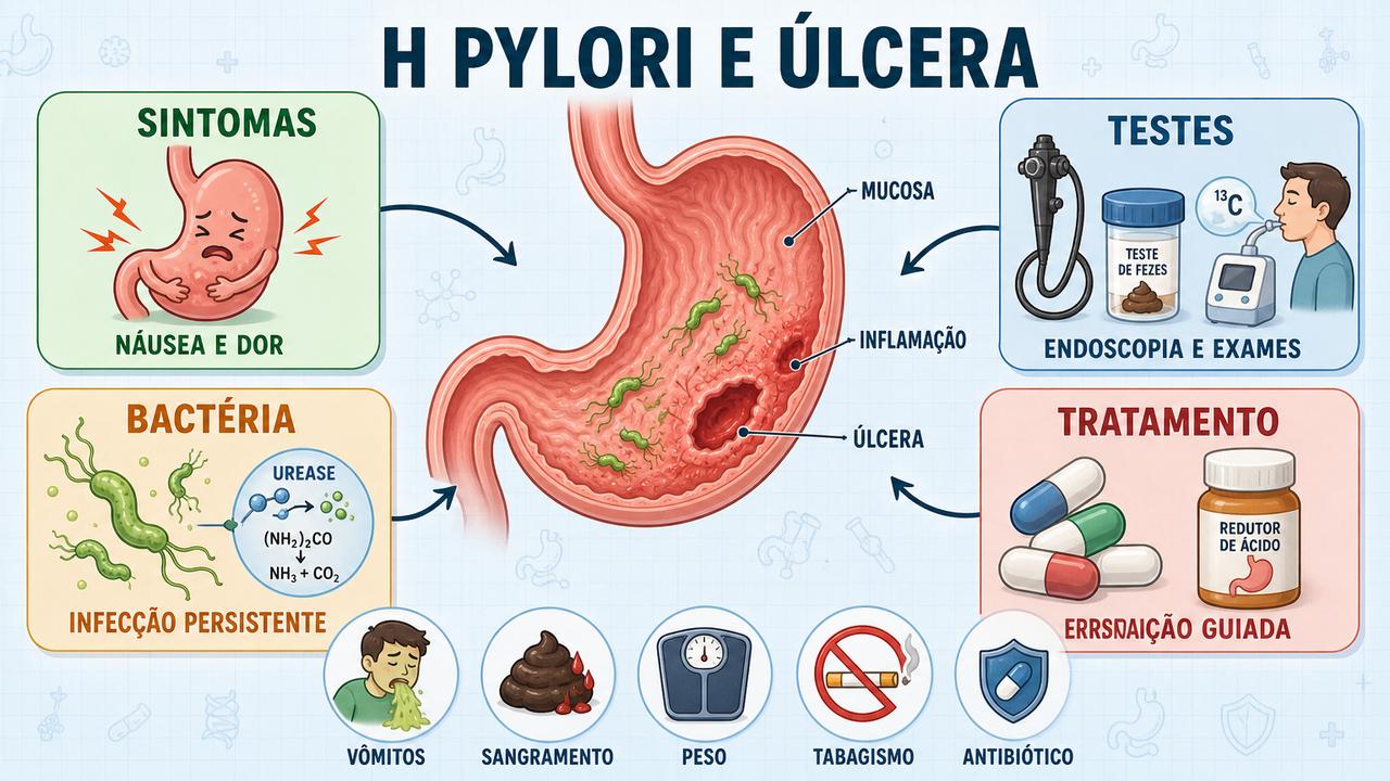 Infográfico resume sintomas, testes, infecção bacteriana e tratamento da Helicobacter pylori.