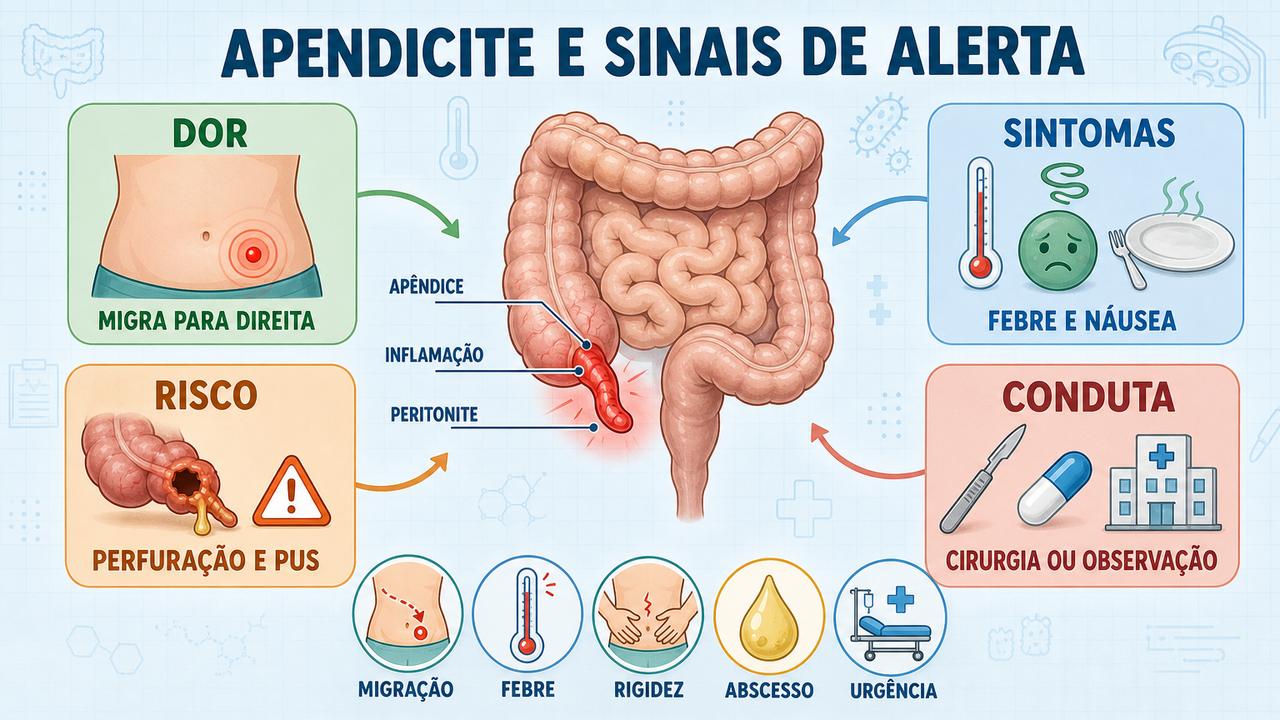 Infográfico resume sintomas, riscos e condutas diante da apendicite e perfuração.