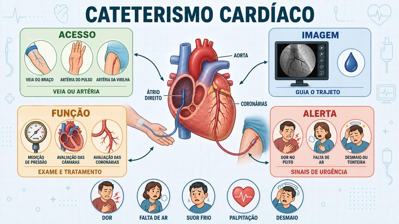 Infográfico resume acessos, imagem, função do exame e sinais cardíacos de urgência.