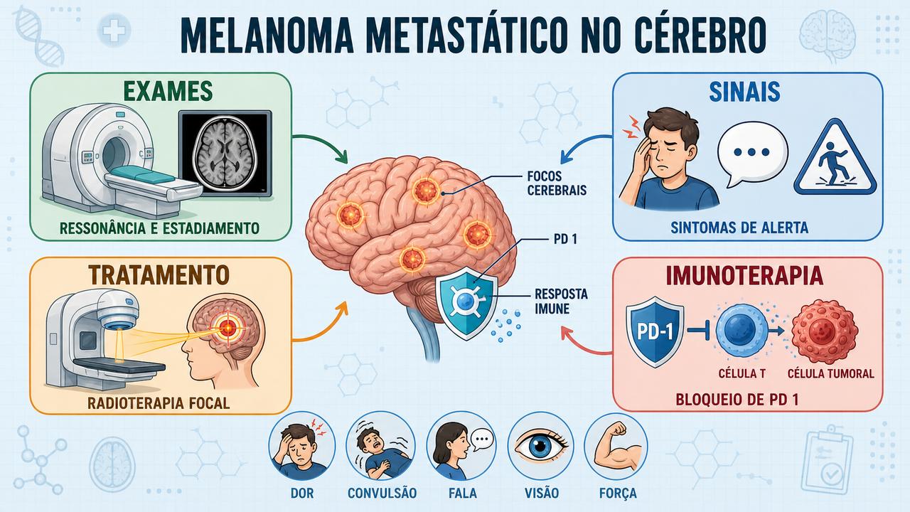 Infográfico resume exames, sinais, radioterapia e imunoterapia no melanoma cerebral.