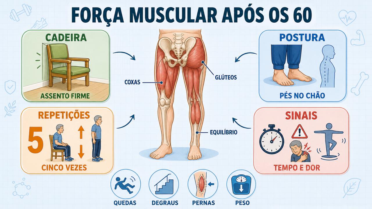 O teste da cadeira observa força, postura, repetições e sinais de alerta.