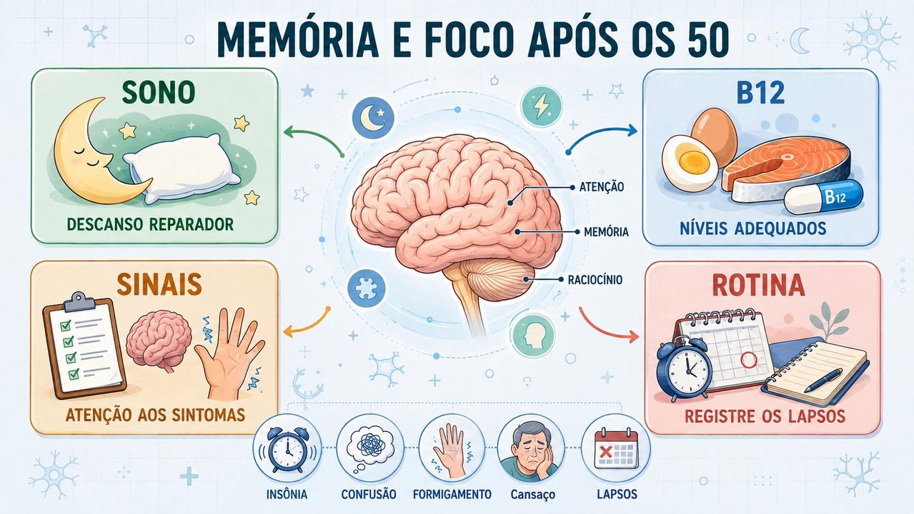 Sono, vitamina B12, sinais e rotina formam pilares para proteger a memória.