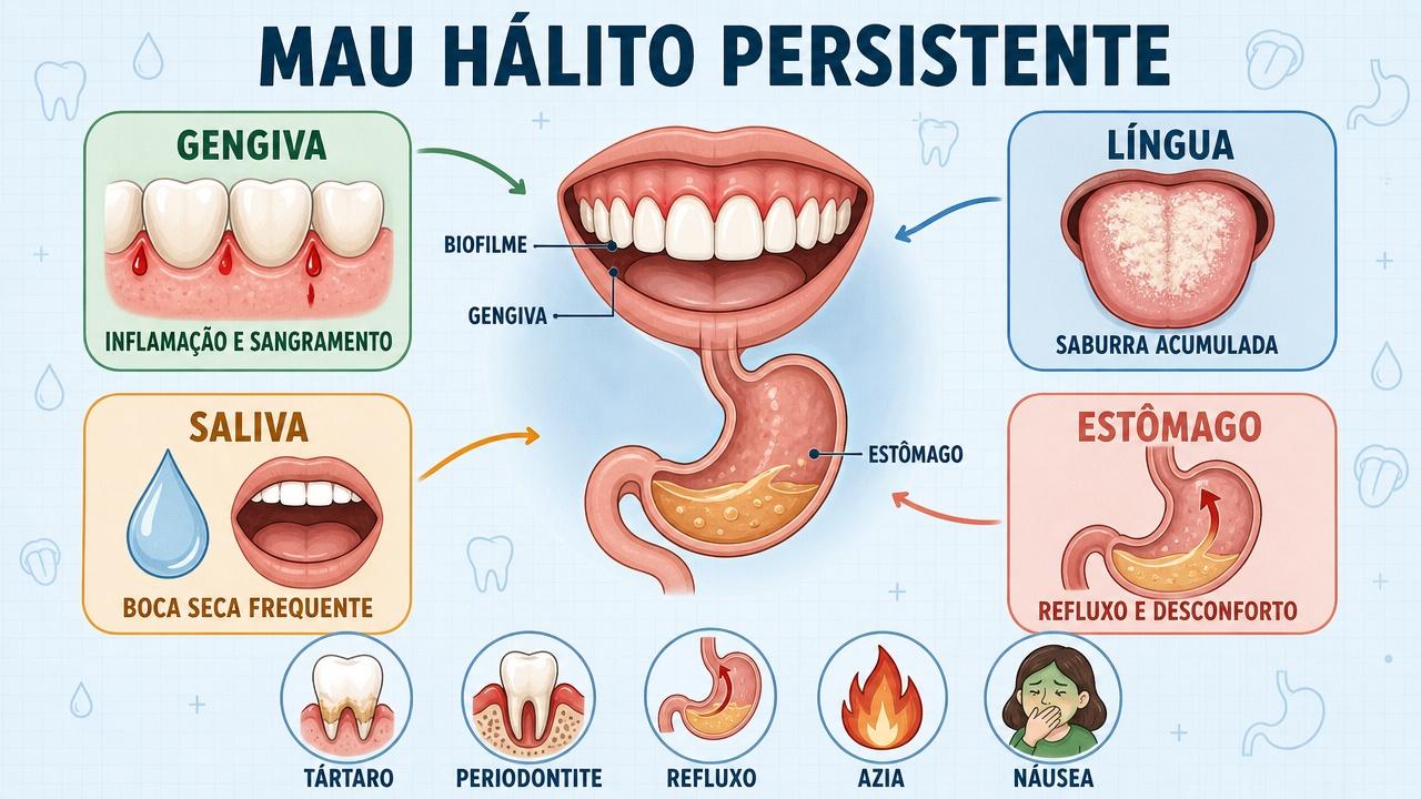 Infográfico resume gengiva, língua, saliva e estômago nas causas do mau hálito.
