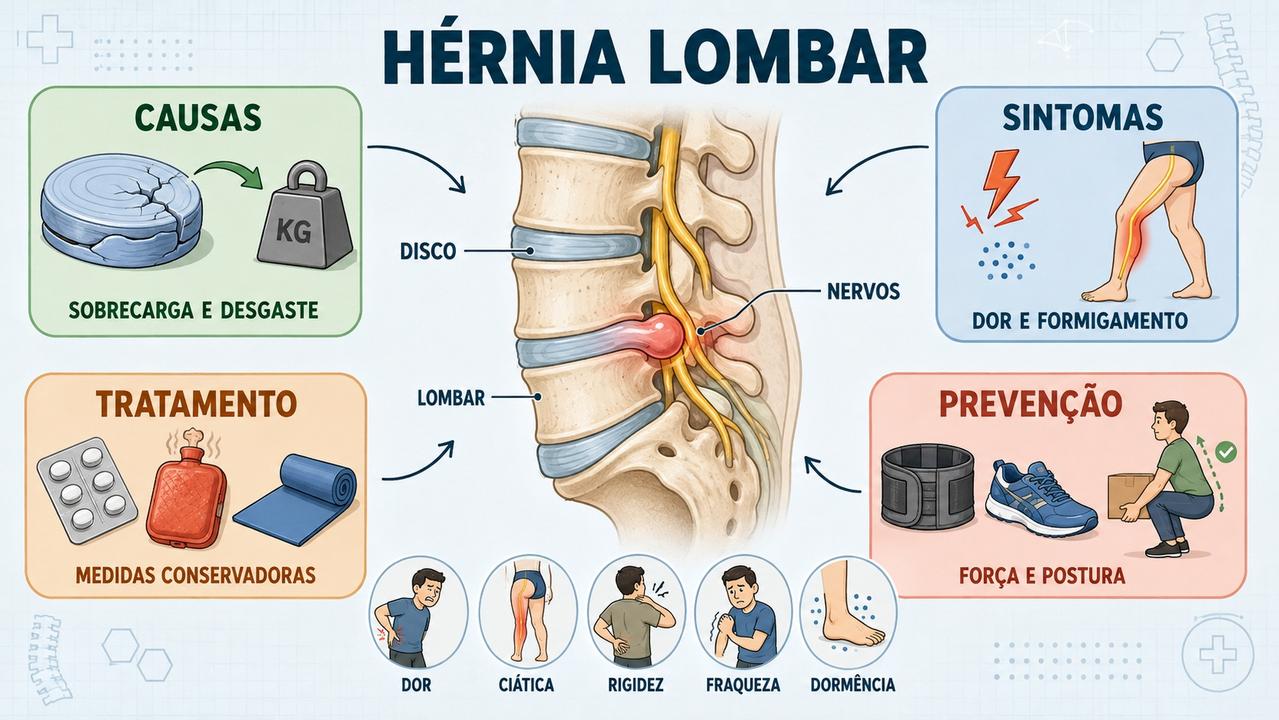 Infográfico resume causas, sintomas, tratamento e prevenção da hérnia de disco lombar.