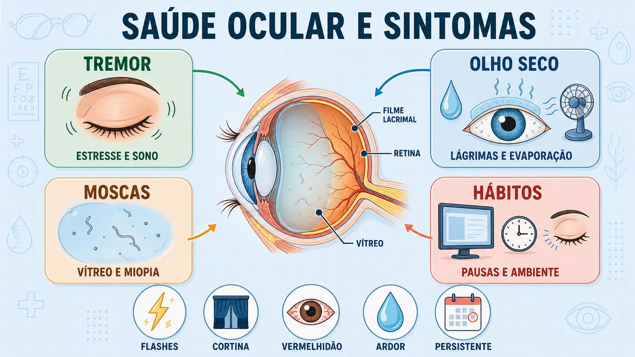 Tremor palpebral, olho seco, moscas volantes e hábitos protetores resumidos.