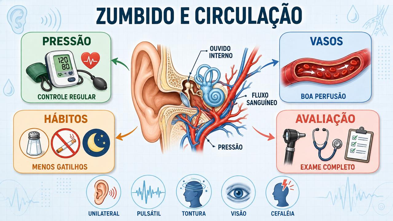 Pressão, vasos, hábitos e avaliação orientam a investigação do zumbido.