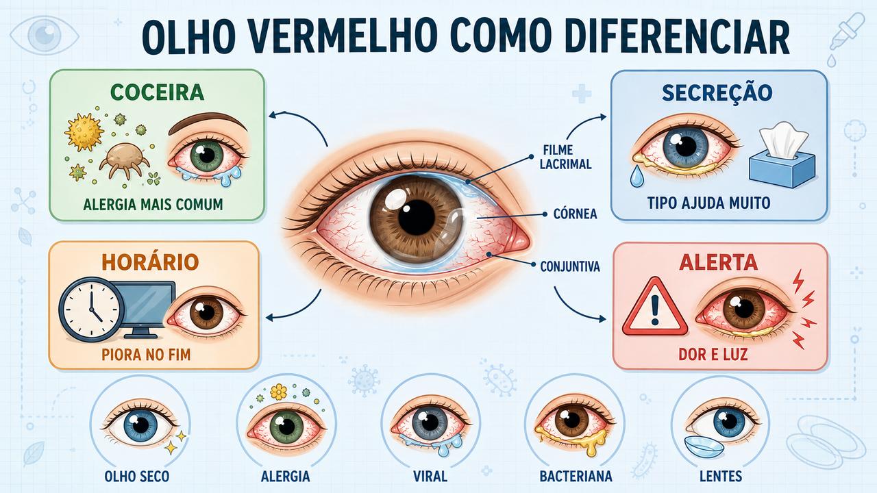Coceira, secreção, horário e sinais de alerta ajudam a diferenciar causas.