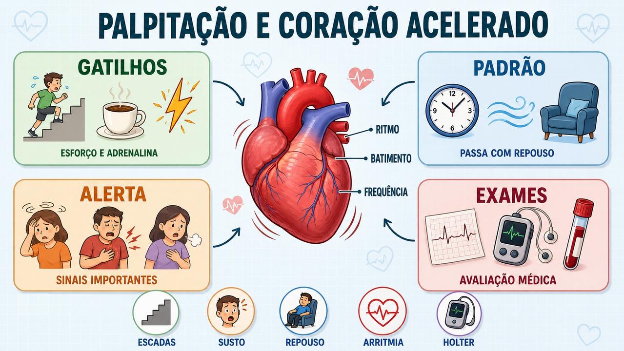 Gatilhos, sinais de alerta e exames ajudam a avaliar palpitação.