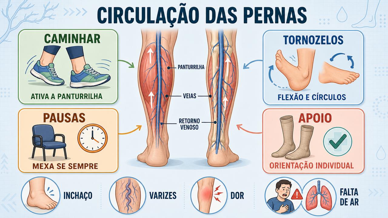 Caminhada, tornozelos, pausas e apoio formam pilares da circulação venosa.